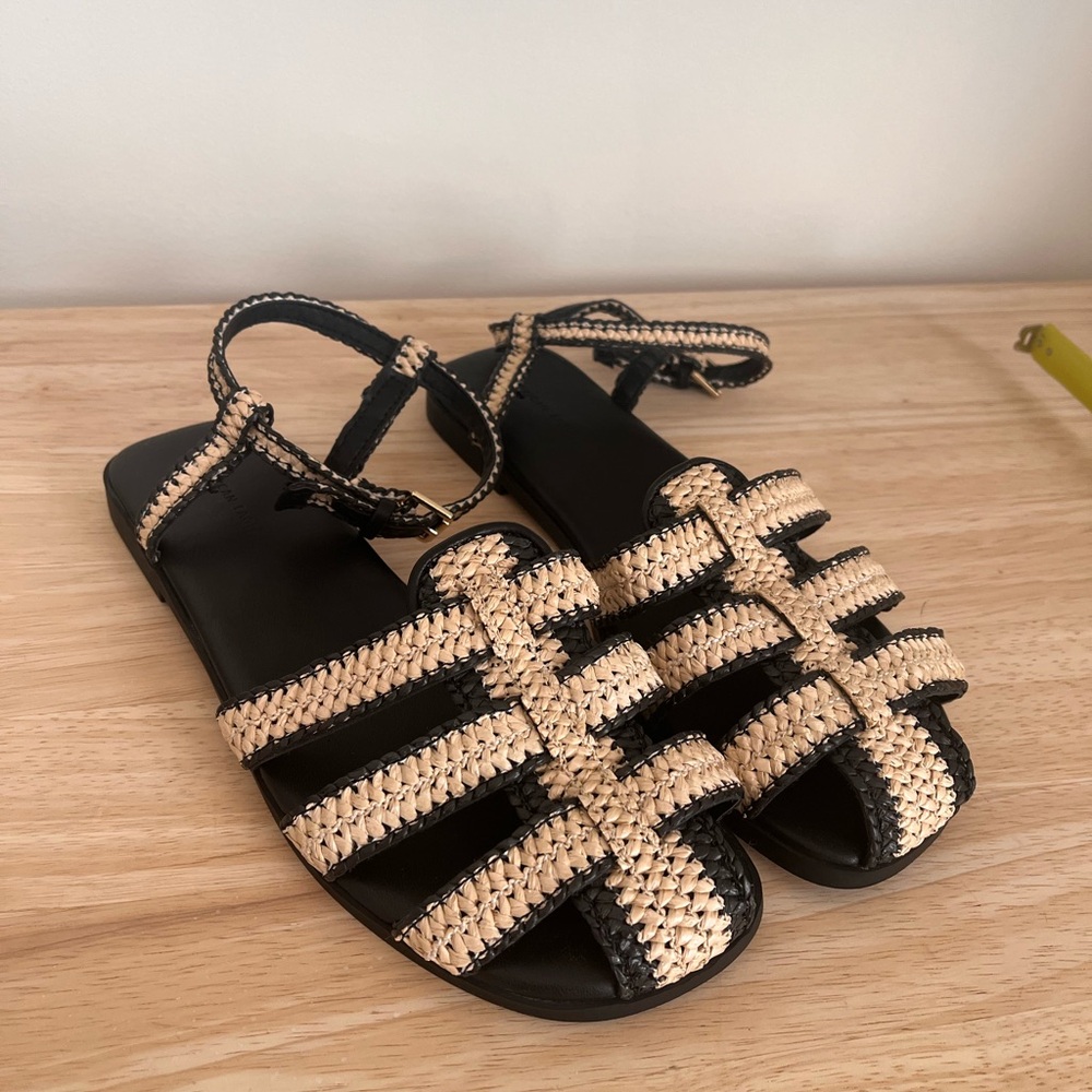 American Eagle Outfitters Black and Natural Woven Strap Sandals
